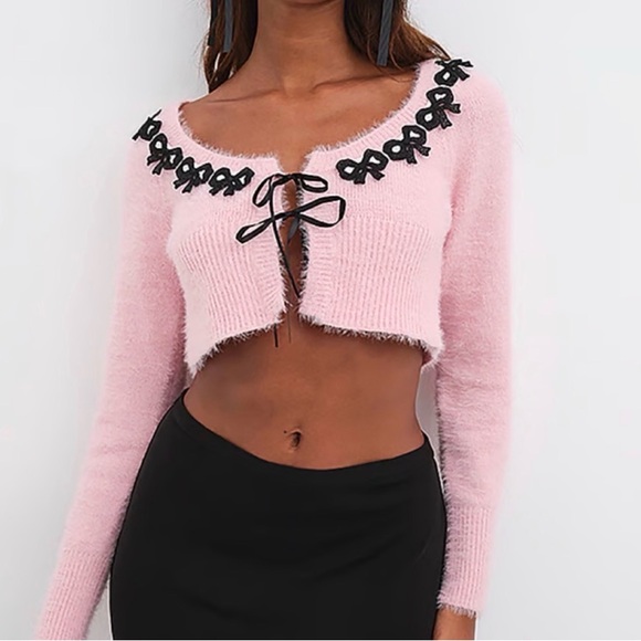 For Love & Lemons pink fuzzy cropped bow cardigan coquette style S - Picture 2 of 4